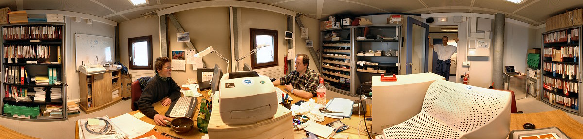 [PanoStationLeaderOffice.jpg]
The office of the technical manager (Claire, left) and station leader (Michel, right). Let's hope the walls of documentation won't collapse on them.