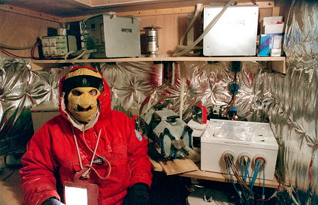 [EmanueleInsideGlacioShelter.jpg]
Emanuele spent some time to install his shelter at the beginning of the winterover, adding an extra layer of insulating mylar on the walls. Several pumps are seen in the back.