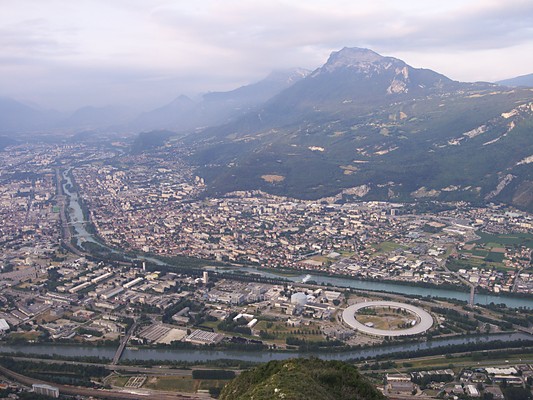 [20090703_065153_PolygoneScientifique.jpg]
The scientific 'polygon', where I do work when I'm not off climbing, seen from the Neron. The ring is the ESRF synchrotron. The rivers Drac and Isère merge right after.