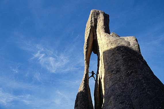 [Needles_Eye.jpg]
One of the most graphic climb I've ever done. OK, the solo inside the eye of the Needle is just for the picture, I stopped when it started getting too large. What was crazy was the face climbing on sharp crystals, protected by just one stopper and one old piton to get to the summit from the left profile of the Needle. With all the tourists watching from the parking lot and waiting for a pummeling.