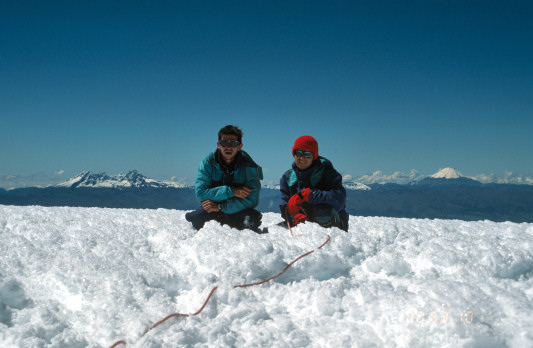 [ChimboSummit2.jpg]
Traditional summit picture on Chimborazo, this time with some sun. The Altar is visible on the right and Iliniza (?) on the left. The Altar is not very well known but it is one of the nicest mountains of Ecuador. It is also one of the hardest, having been first climbed only in the 50's by an italian team.