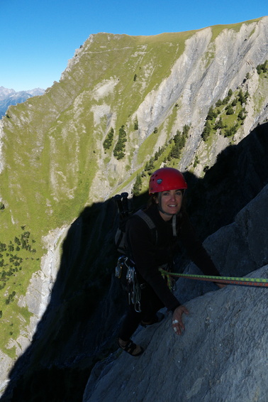 [20110828_113459_CroixDesTetes.jpg]
Jenny on Elena (no freudian undertone here either). Most of the climb is in the shade, first from being on the west face, but then from being right in the shade of the main pillar.