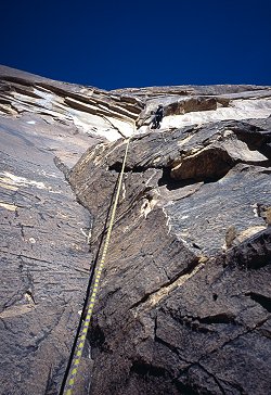 [LevitationCrux1.jpg]
First 5.11 crux of Levitation 29, just before stepping on the bolt...