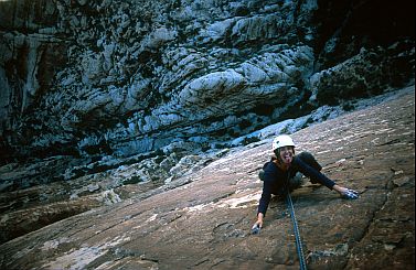 [RockWarrior.jpg]
Jenny taking it easy on the runout Rock Warrior. It's a lot steeper than the picture let you to believe.