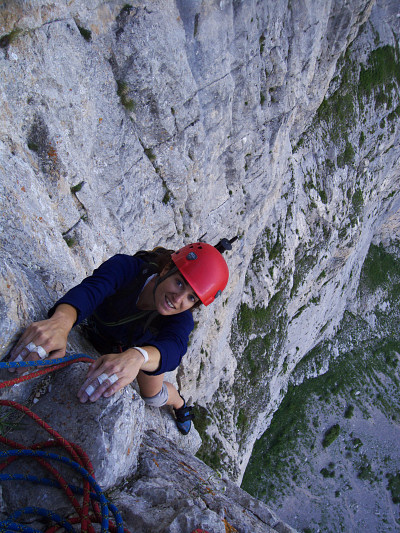 [20080628_170804_Gerbier.jpg]
Jenny at the end of the last and most strenuous pitch: a long tiring crack that turns into a sequence of roof moves on slopers. Well protected but I came out of it wasted: not enough sleep and too much beer during the week. The upper pitches are easy but the rock is not so good and a few large rocks tossed by mountain goats whizzed by way too close for comfort.