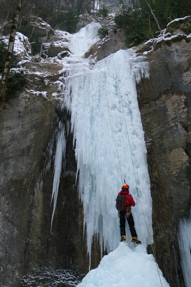 [20120211_112019_CascadeArbois.jpg]
The terrifying free-standing at the start of the route. Incredibly fragile ice. I planted 2 screws by just pushing them in and when an axe and a foot ripped through the ice like it was melted butter I saw Ago praying with both hands instead of belaying me...