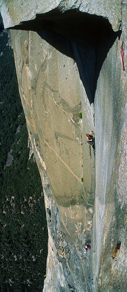 [TheGreatRoofVPano.jpg]
Maybe the most famous roof in the world. On the most famous route in the world. A hair-thin crack leading to a horizontal roof under which the rock is so smooth as instantly remove all hope of free climbing. That is until Lynn has some time off.