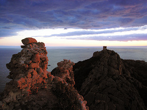 Sunset above the old watchtowers of Roccapina