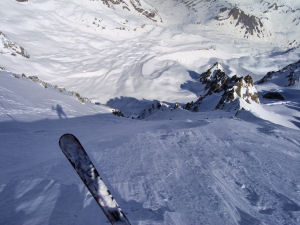 Instants before diving into the direct north face descent of the Agneaux