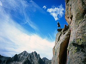 Brad wondering where the Astro Elephant route goes. Elephant's Perch, Sawtooth Mountains